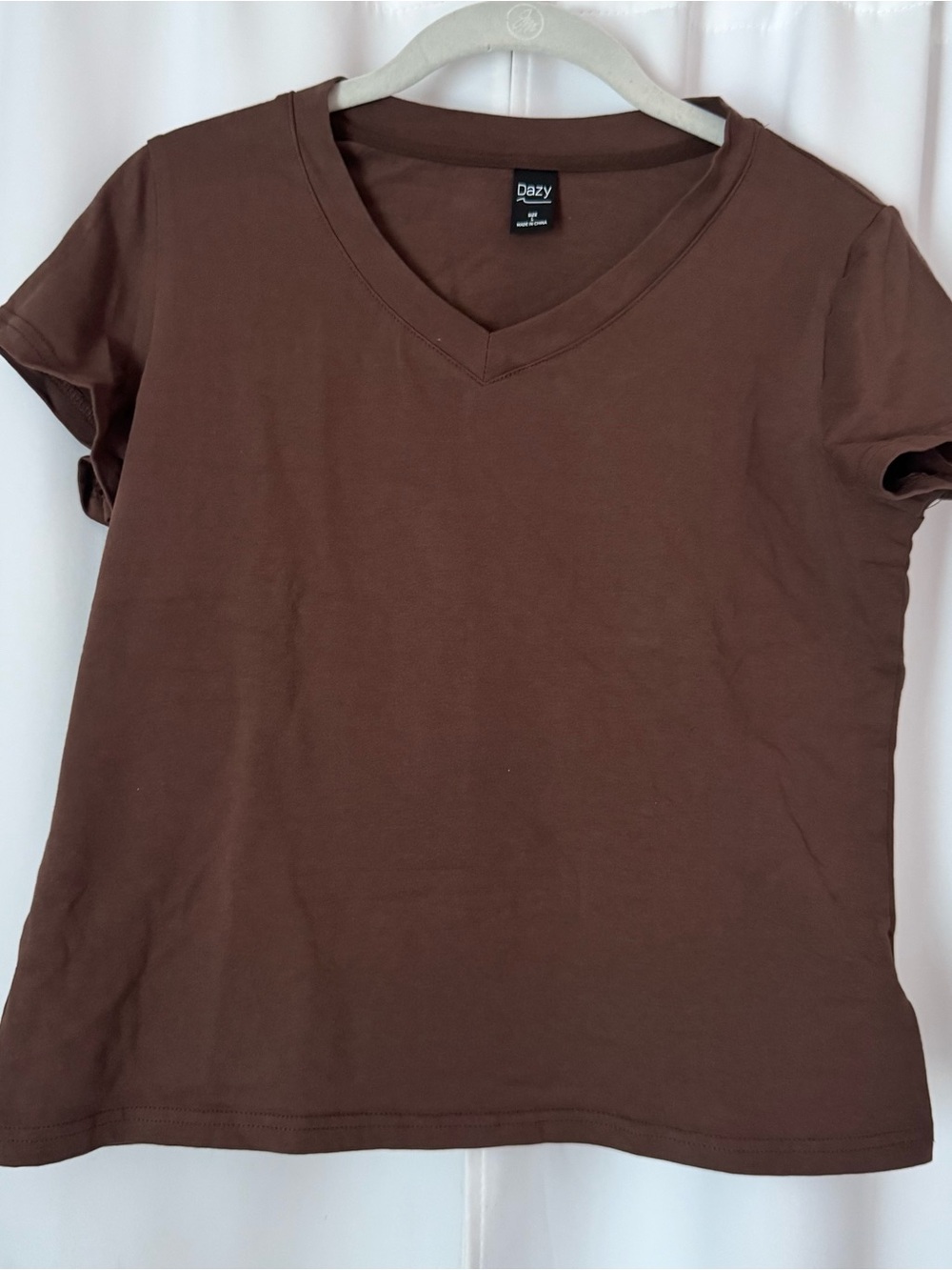 Women's V-Neck Cotton Short Sleeve Brown Tee Shirt Size Large